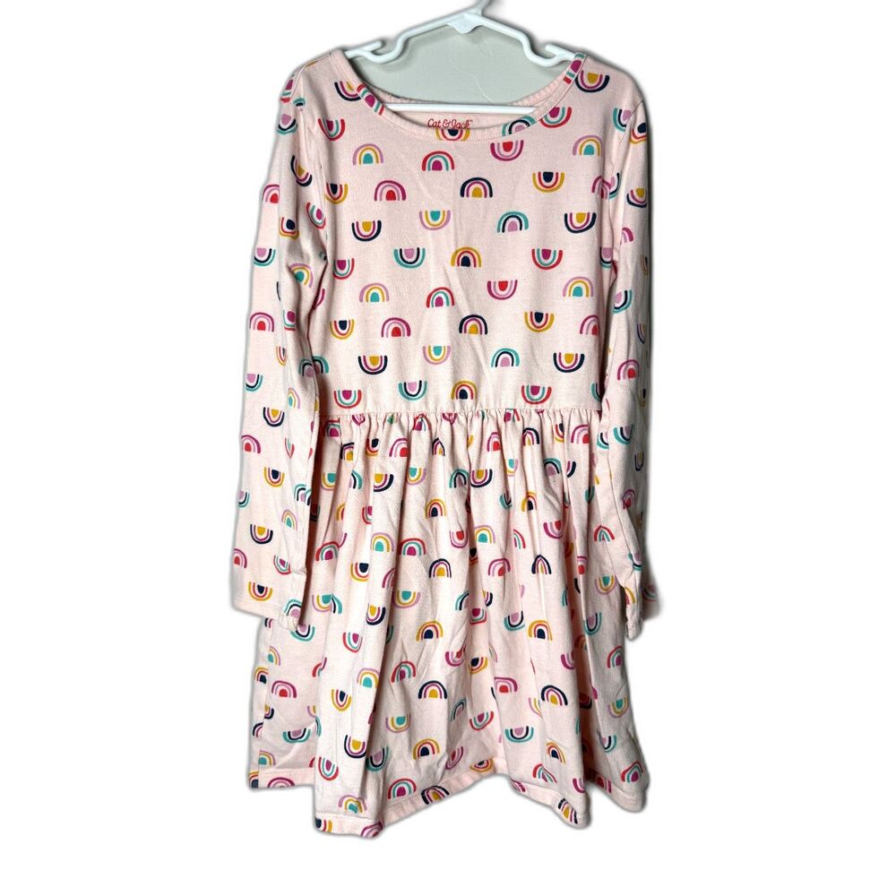 Cat & Jack Girls Rainbow Skater Dress Pink Long Sleeve Size Medium 7/8